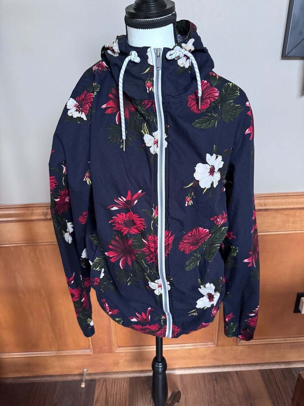 Denim & Flower Floral Jacket Size M Navy Blue Full Zip Hoodie
